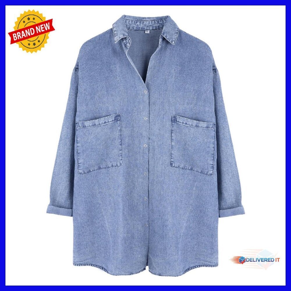 Soft Tencel Denim Shirt 3/4 Sleeve Button Down Casual Top Women's